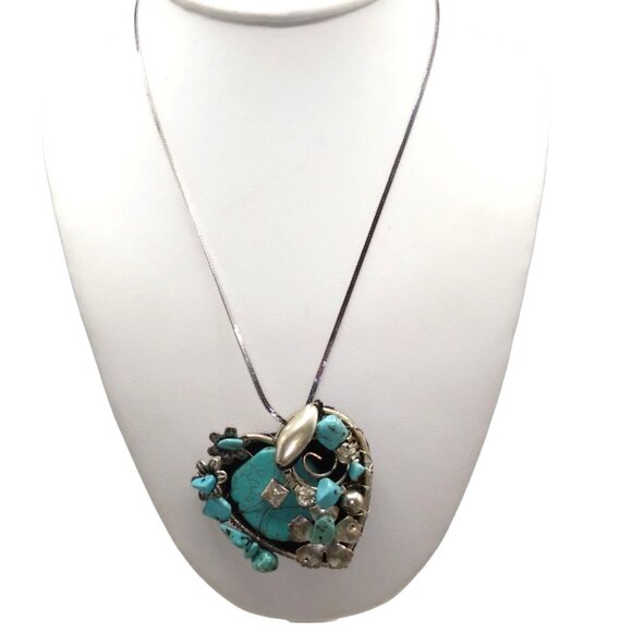 Unique Dyed Howlite Pendant Necklace, Silver Tone Assemblage of Turquoise Color - Picture 1 of 4